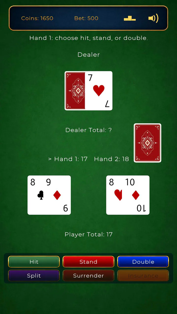 Playing two split Blackjack hands