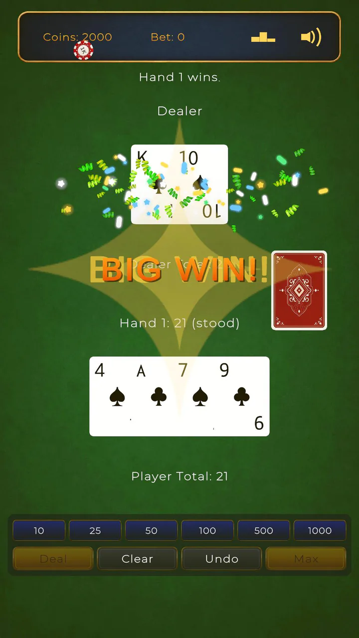 Winning a hand in Casual Blackjack 21